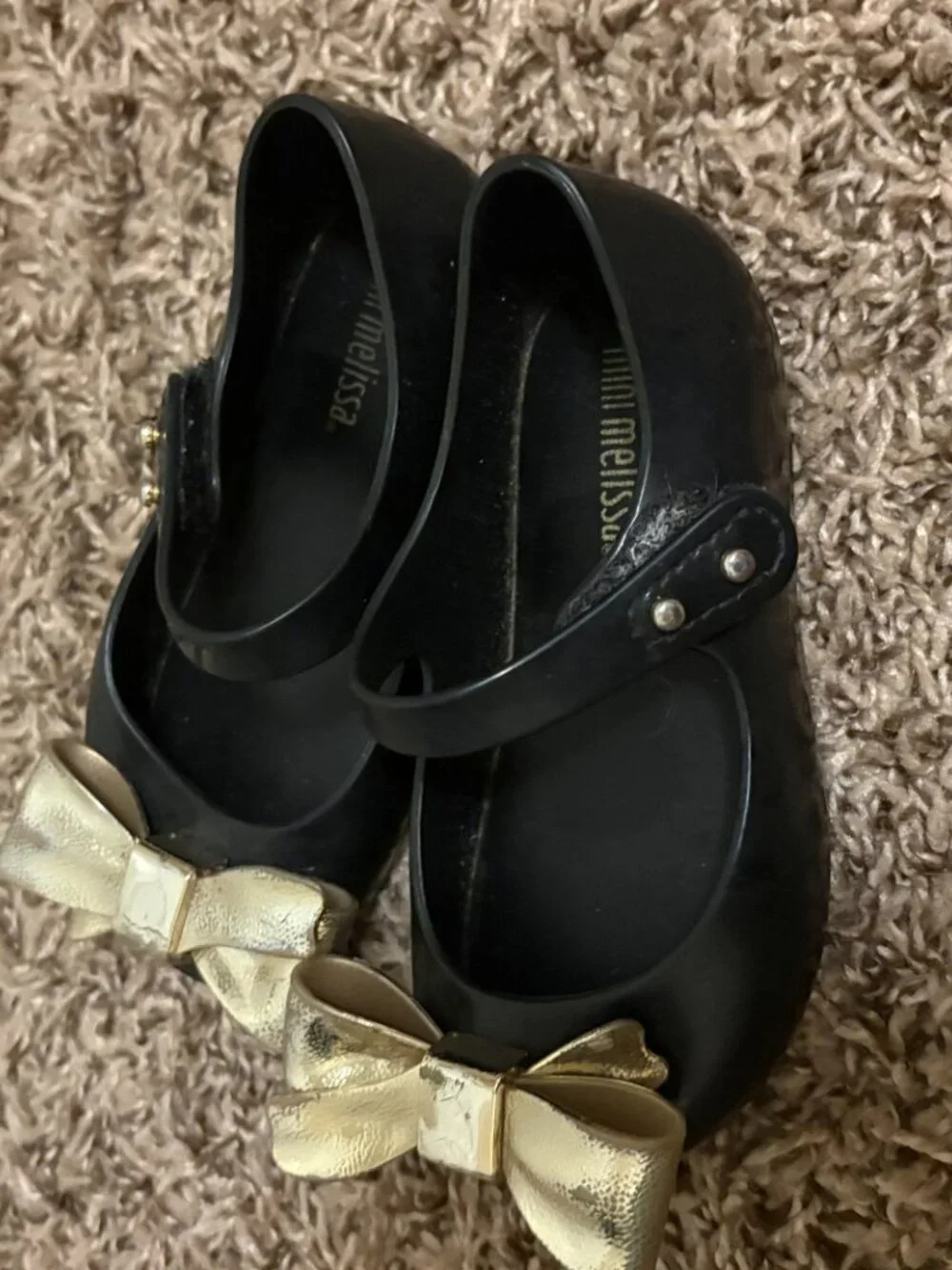 Mini Melissa Black Mary Janes Toddler Size 7 Gold Bows Ankle Strap Party Holiday